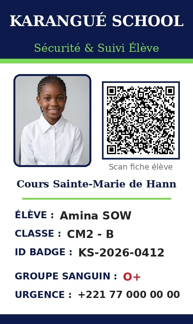 Badge élève Karangué School : photo, QR code, classe, identifiant, groupe sanguin et numéro d'urgence