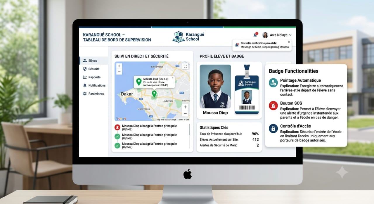 Tableau de bord de supervision Karangué School : carte en direct, profil élève et badge