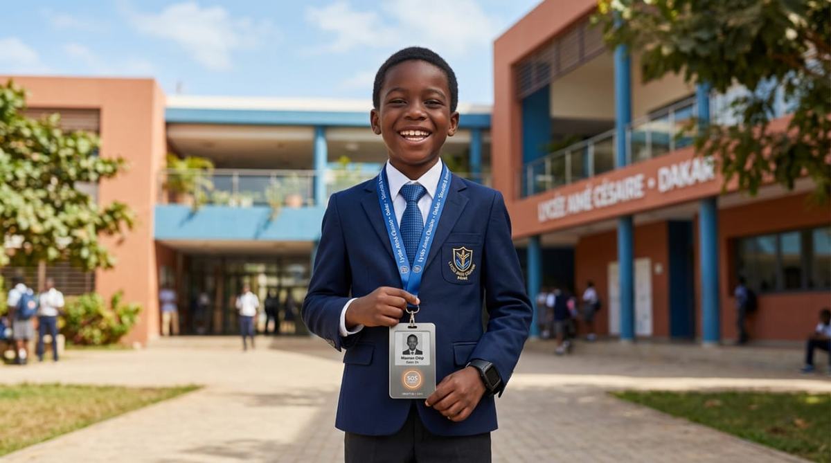 Élève portant au cou son badge Karangué School muni du bouton SOS
