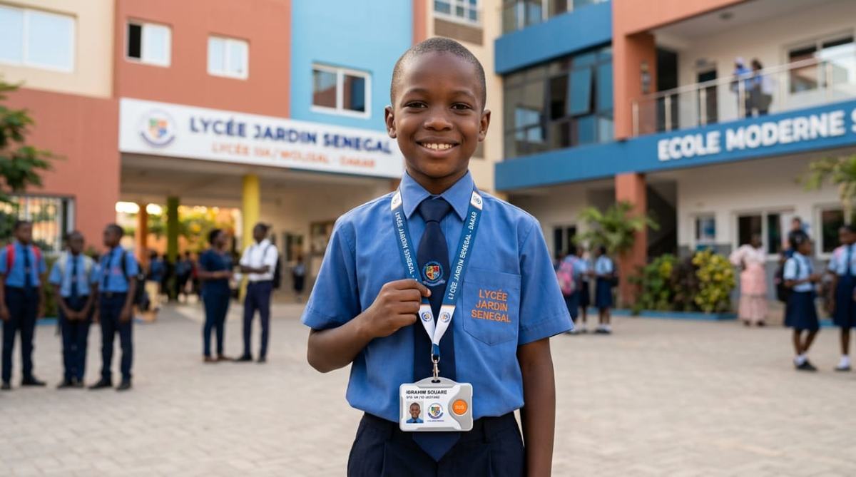 Élève portant son badge Karangué School devant l'entrée de son établissement à Dakar
